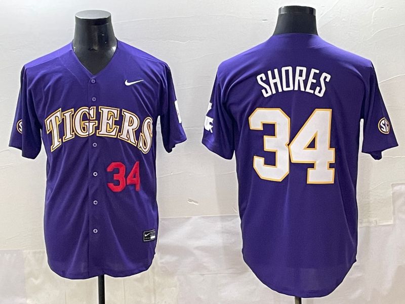 Men 2025 LSU Tigers #34 Shores Purple Joint Name Nike NCAA Jersey style 2